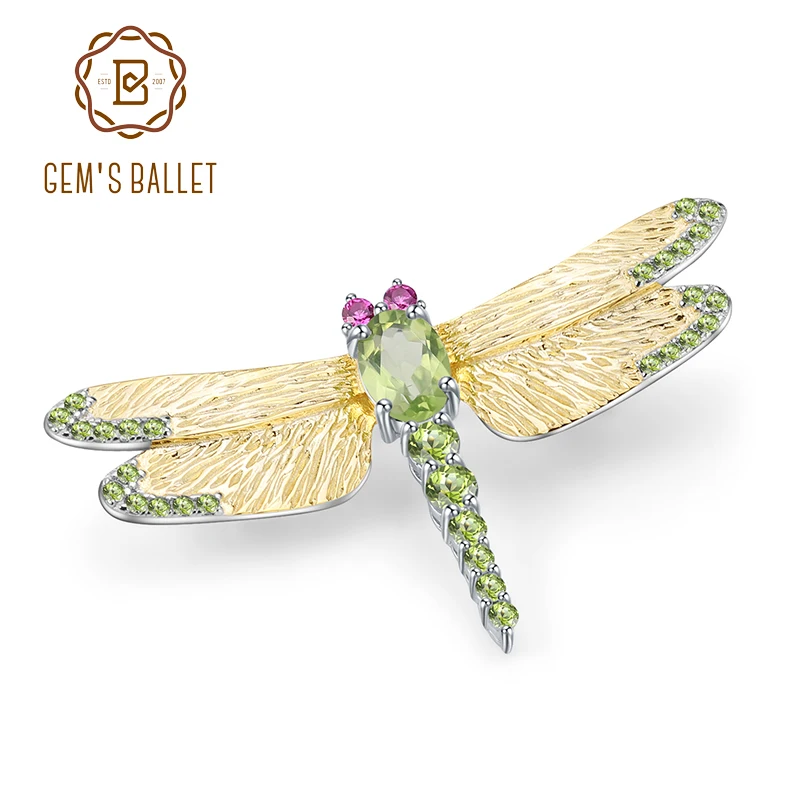 GEM'S BALLET 1.13Ct Natural Green Peridot Gemstone Brooch 925 Sterling Sliver Handmade Dragonfly Brooches For Women Dresses