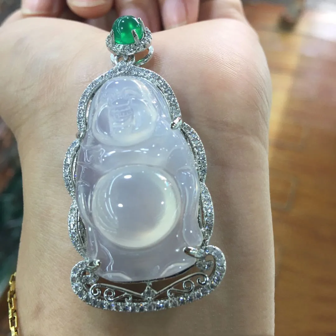 New Agate White Jade Marrow Inlay Station Buddha Pendant Female Joker Necklace Pendant Jewelry