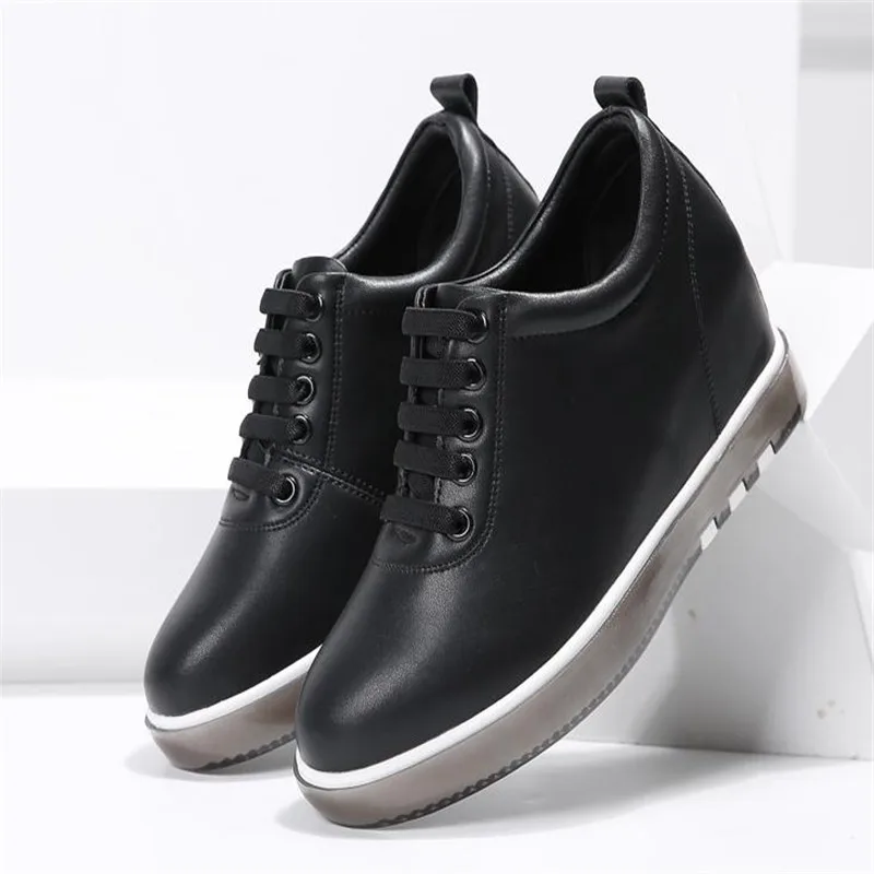 Hide Heel Genuine Leather Shoes Women Fashion Sneakers New Lace Up Height Increasing Casual Shoes White Sneakers