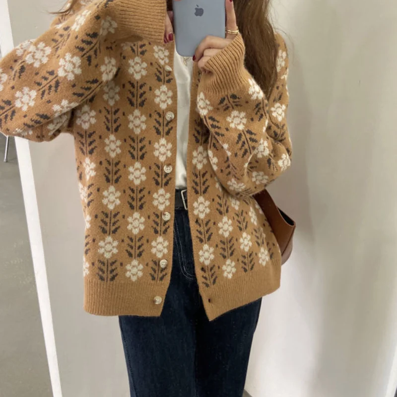 Jesienny Cardigan kobiety słodkie sweter z dzianiny przytulne Preppy Ulzzang urocza luźna dzianina płaszcz zagęszczony Pull Femme