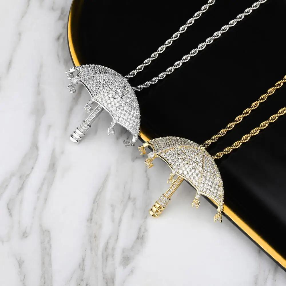 GUCY  Iced Out Umbrella Pendant Necklace AAA Cubic Zirconia Hip Hop Jewelry With Tennis Chain For Gift