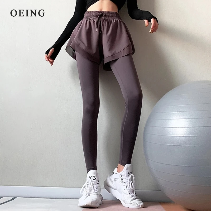 Women High Waist Yoga Pants Fake 2 IN 1 Two Pieces Leggings High Elastic Gym Fitness Running Tights Exercise Leggings Sportswear