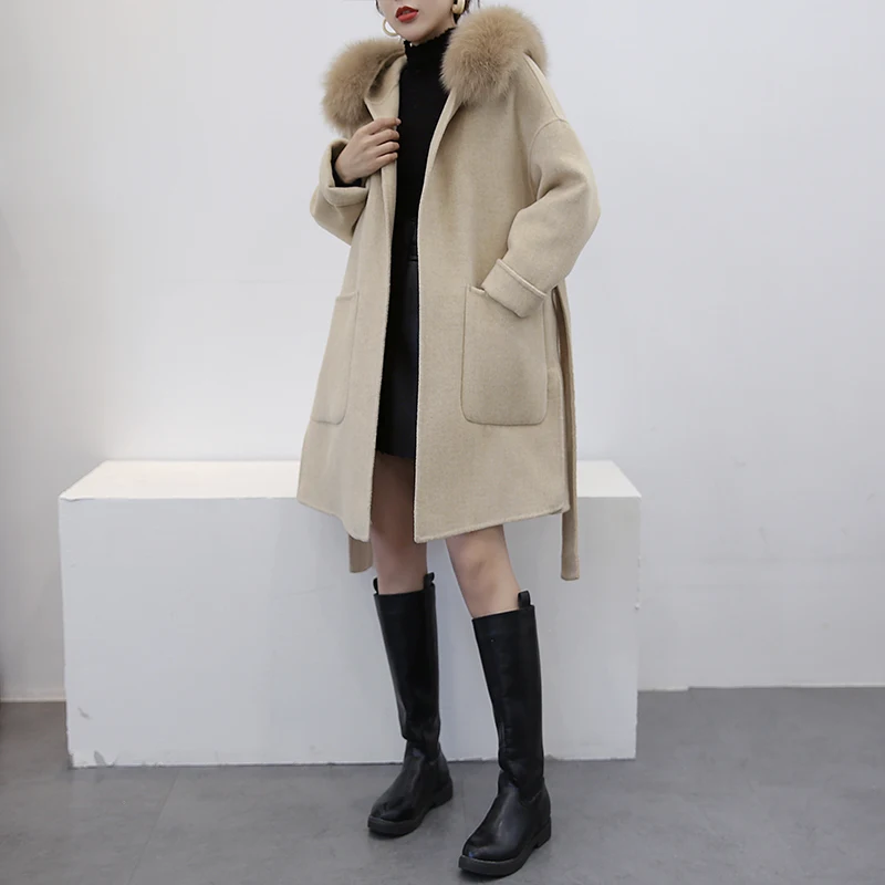 

2021 Autumn Fashion Fox Fur Collar Hooded Wool Coats Female Double-faced Woolen Coat High Quality Jackets Casaco Feminino Gmm108