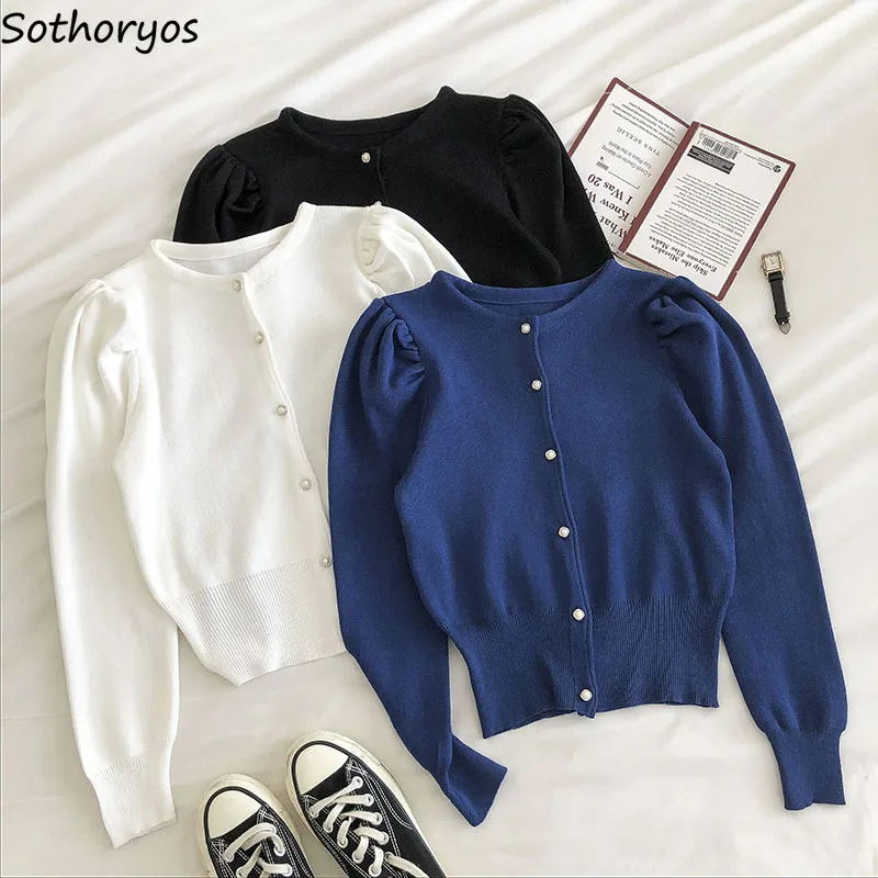 Cardigan da donna stile francese retrò monopetto o-collo manica a sbuffo design elegante vita definita maglioni chic Ulzzang lavorati a maglia