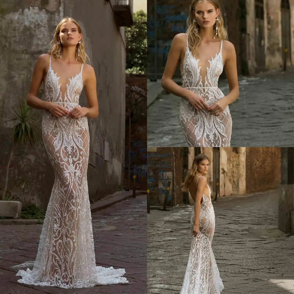 

Illusion Lace Wedding Dresses 2020 Spaghetti Straps robe de mariee Mermaid Wedding Gowns Backless Handmade Bridal Dress