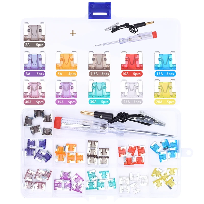 55pcs 2A 3A 5A 7.5A 10A 15A 20A 25A 30A 35A 40A Mini Automotive Truck Auto Car Blade Type Fuse Assortment with Box Clip Test Pen