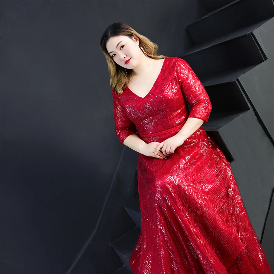 Sequins Evening Dress Burgundy Plus Size Women Party Dresses 2019 T255 V-neck Robe De Soiree Three Quarter Sleeve Evening Gowns