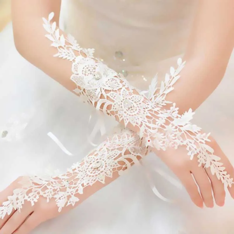 Elegant White Fingerless Elbow Long Lace Bridal Gloves Crystal Wedding Gloves for Bride Women Wedding Accessories