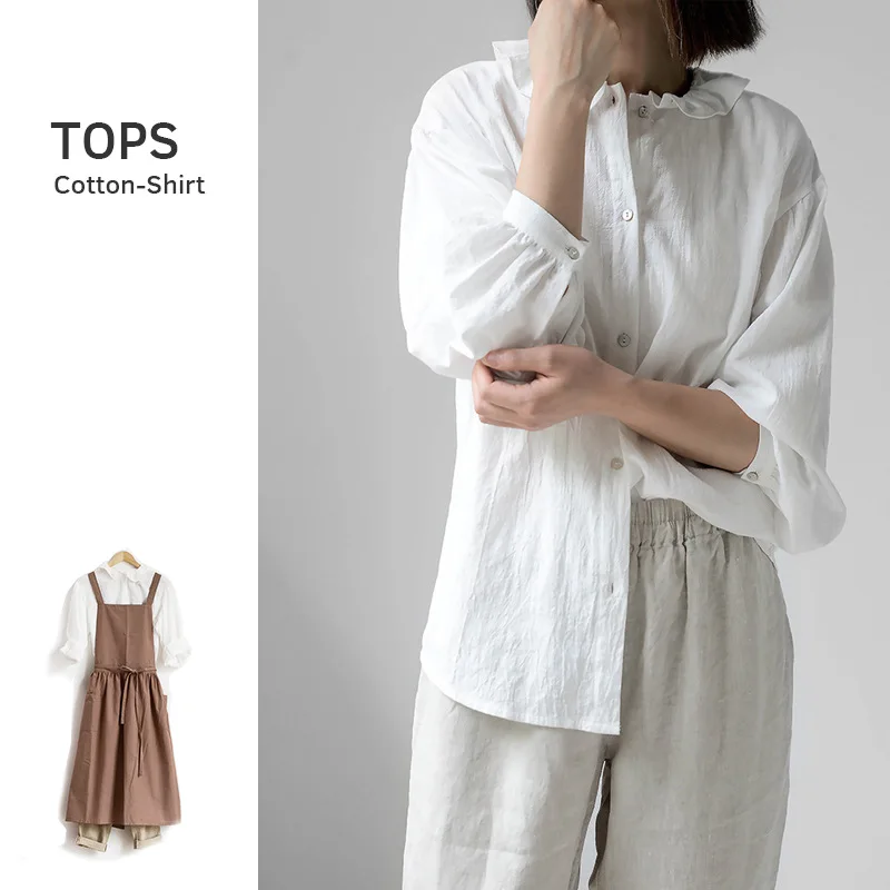 

Apron Cotton Linen Shirt Summer Finishing Storage Lace Collar White Long Sleeve Shirt Women Apron Top Versatile Loose Clothes