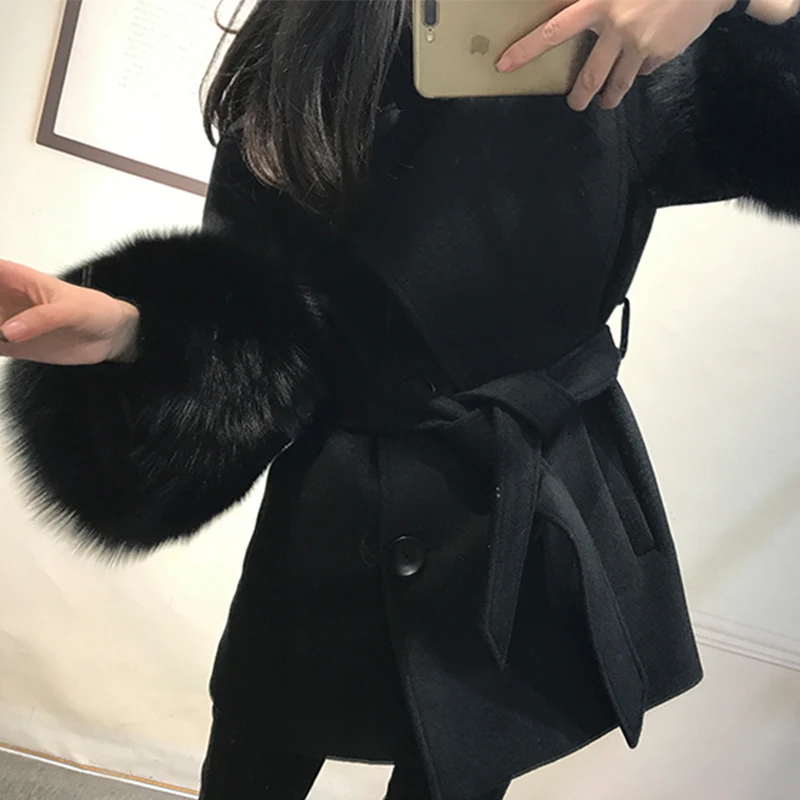 Genuine Fox Fur Women High Quality Double Faced Wool Cashmere Coat Irregular Sleeve Black Color 2019 Female Winter Woolen Coat