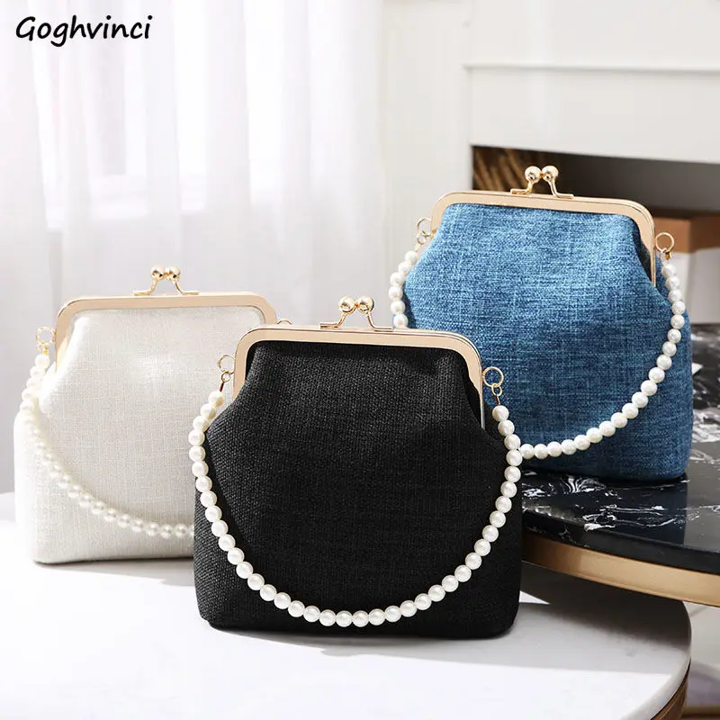 Shoulder Bags Women Canvas Shell Bag Ladies Fashion Pearls Handbag Cross-body Chain-bag Daily Retro All-match Large Capacity Ins