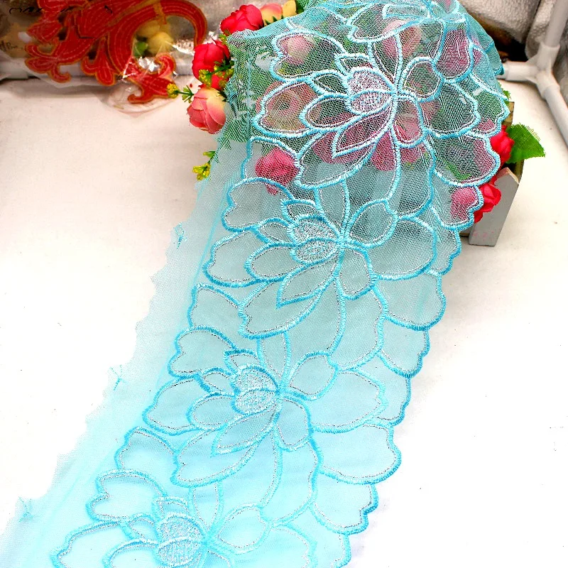 1 Yard Flower Embroidery Lace For Women Dress Blue Soft Tulle Lace Gold Trims Scallop 17cm