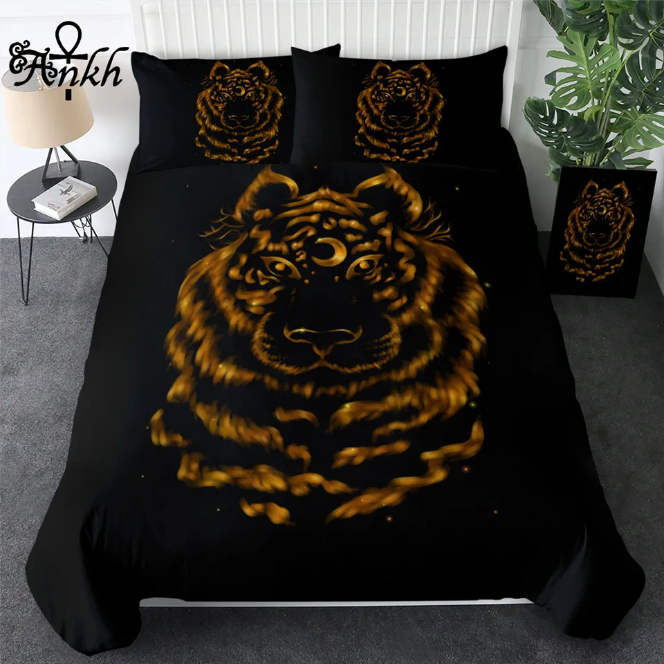 

Tiger by Taemin Ankh Bedding Sets Luxury Duvet Cover Black Golden Bed Cover Set Queen Size Animal With Moon Home Textiles 3pcs