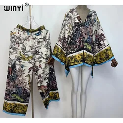 WINYI Elegante Frau mode Druck Anzüge 2021 Frühling Damen urlaub Anzüge Damen Berufung Strand Lose Bluse Set Weiblichen Hosen