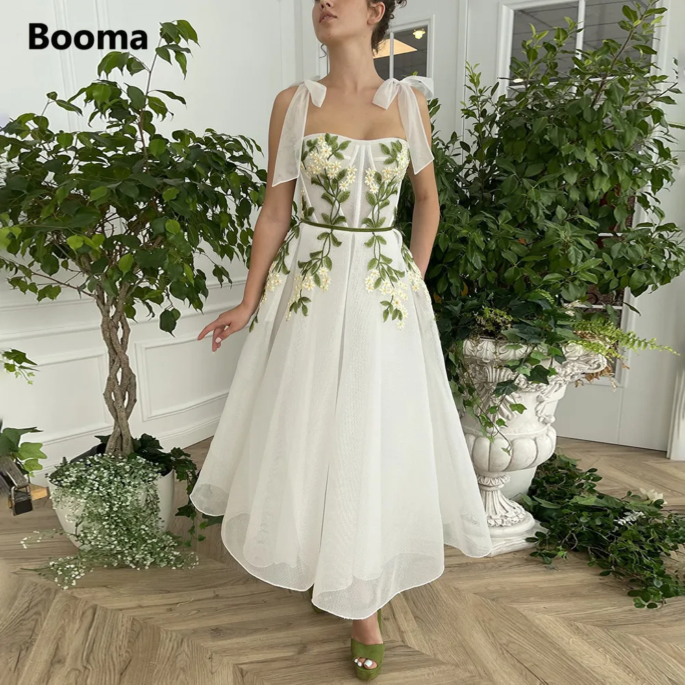 Booma Elfenbein Mesh Net Tüll Midi Prom Kleider Bogen Riemen Appliques A-Line Hochzeit Party Kleider Tee-Länge Formale Abend kleider