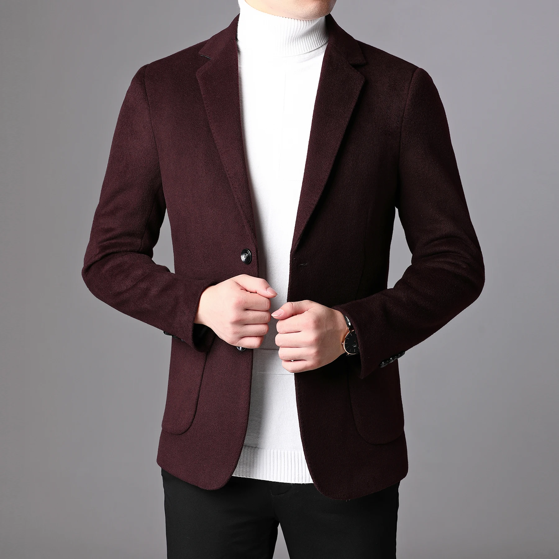 High Quality Men's 50% Wool Blazers Spring & Autumn Single Breasted Outwear Male Solid Color Slim Balzer Coat with Pockets