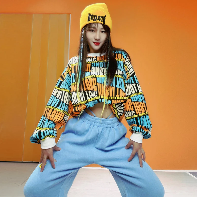 Modern Dance Clothes For Girls Jazz Sweatshirt Gogo Costume Hip Hop Dance Clothing Women Long Sleeve Letters Tops Outfit XS2992