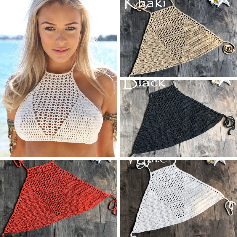 Ręcznie szydełkowane Bikini Top biustonosz kobiety seksowne stroje kąpielowe topy Halter dzianiny strój kąpielowy brazylijskie Bikini 2019 mujer