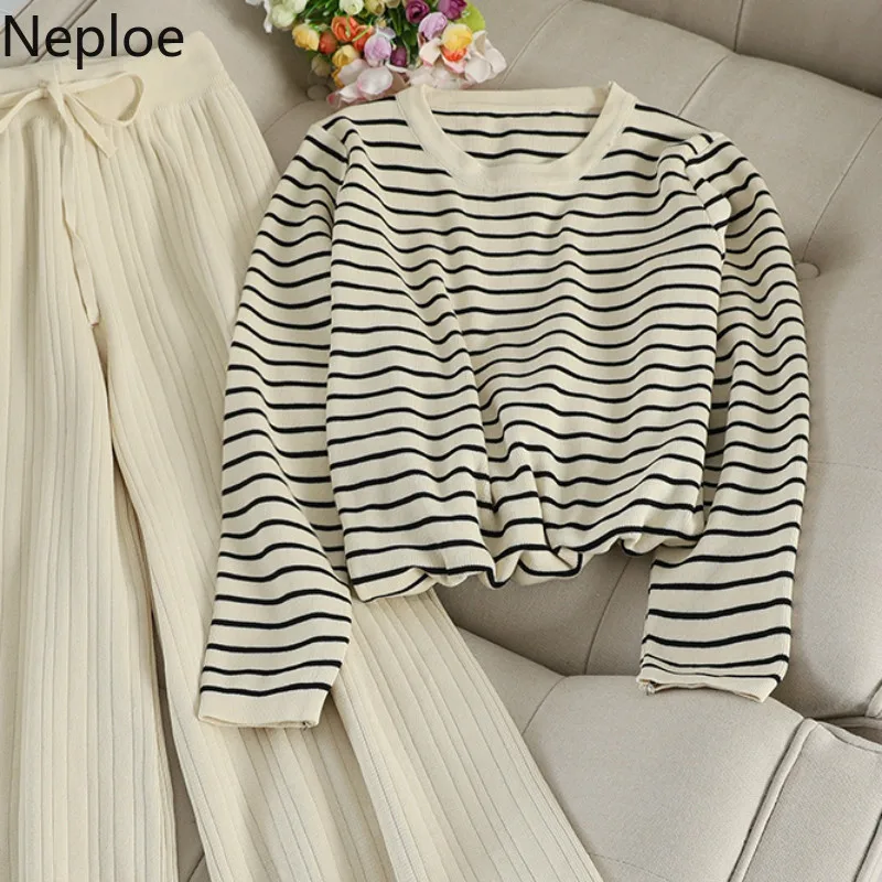 Neploe Two Piece Outfits for Women Striped Long Sleeve Tshirt+high Waist Wide Leg Pants Korean Fall Clothes Suit 2 Piece Set