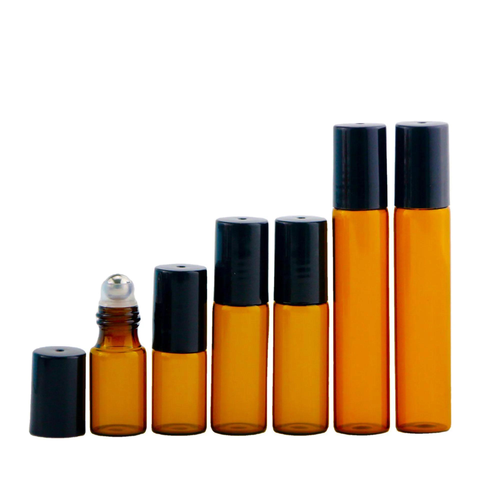 5pcs Amber Roll on Roller Bottle for Essential Oils Refillable Perfume Bottle Deodorant Containers with Black Lid 3ML 5ML 10ML