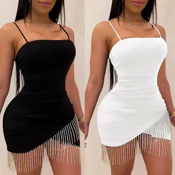 Image Sexy Dresses Woman Party Night Birthday Tassel Split Sleeveless Bodycon Dress Summer Elegant Suspender Short Mini Pencil Dresses