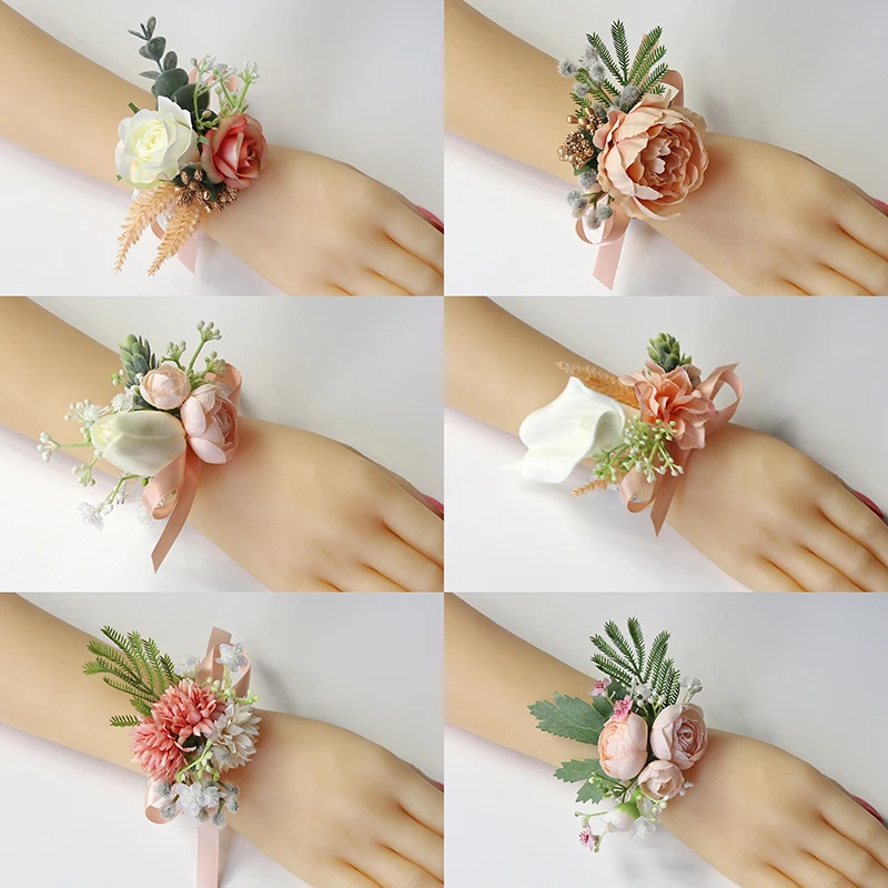 GT Silk Corsages Boutonnieres Wedding Decoration Marriage Rose Wrist Corsage Pin Boutonniere Flowers for Guests PINK