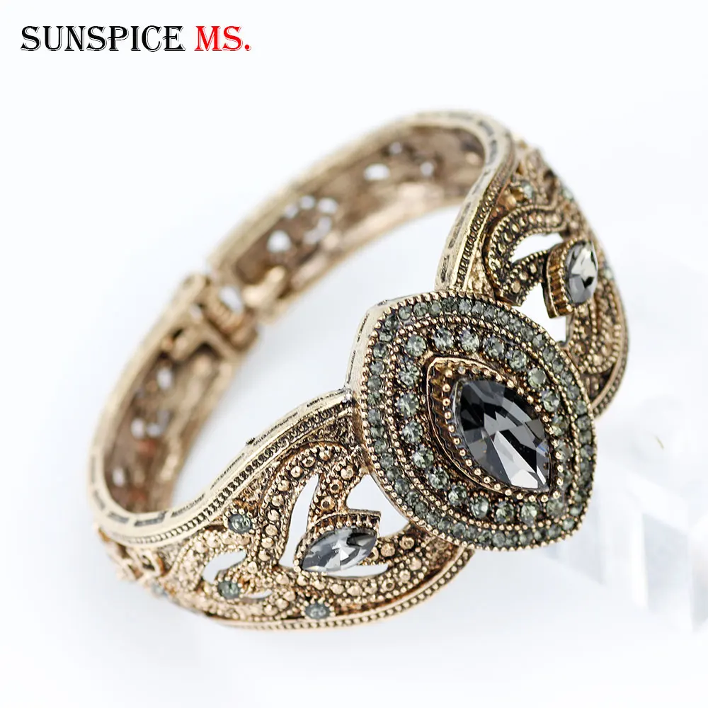 Sunspicems Vintage Bohemia Gray Crystal Bangle For Women Antique Gold Color Charm Bracelets Turkish Birdal Wedding Jewlery Gift