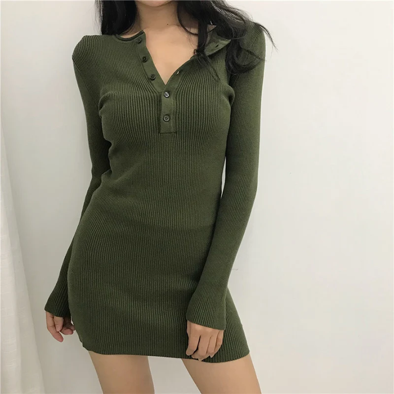 

Korean Style Mini Black Dress Women 2023 Autumn Winter Clothing Long Sleeve Knitted Button Dresses Female Bodycon Slim Vestidos