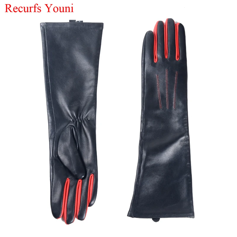 Long Gloves Women European/American Fashion Genuine Leather Thin Contrast Color Lambskin Mittens Female Lined Two Tone Luvas