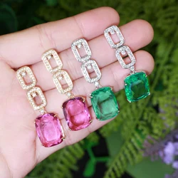 CWWZircons 2022 New Fashion Geometry Square Red Green Cubic Zirconia Crystal Long Dangle Drop Earrings Jewelry Pendientes CZ853