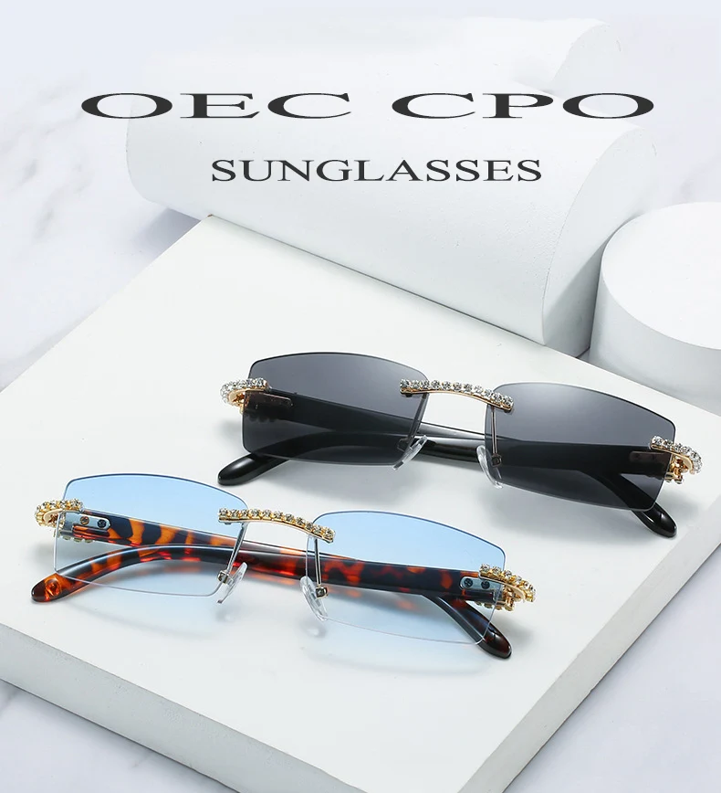 OEC-MANAGEMENT CPO Randlose Diamant Sonnenbrille Frauen Vintage Rechteck Sonnenbrille Weibliche Shades Strass Platz Brillen Gradient Farben – Detail 1