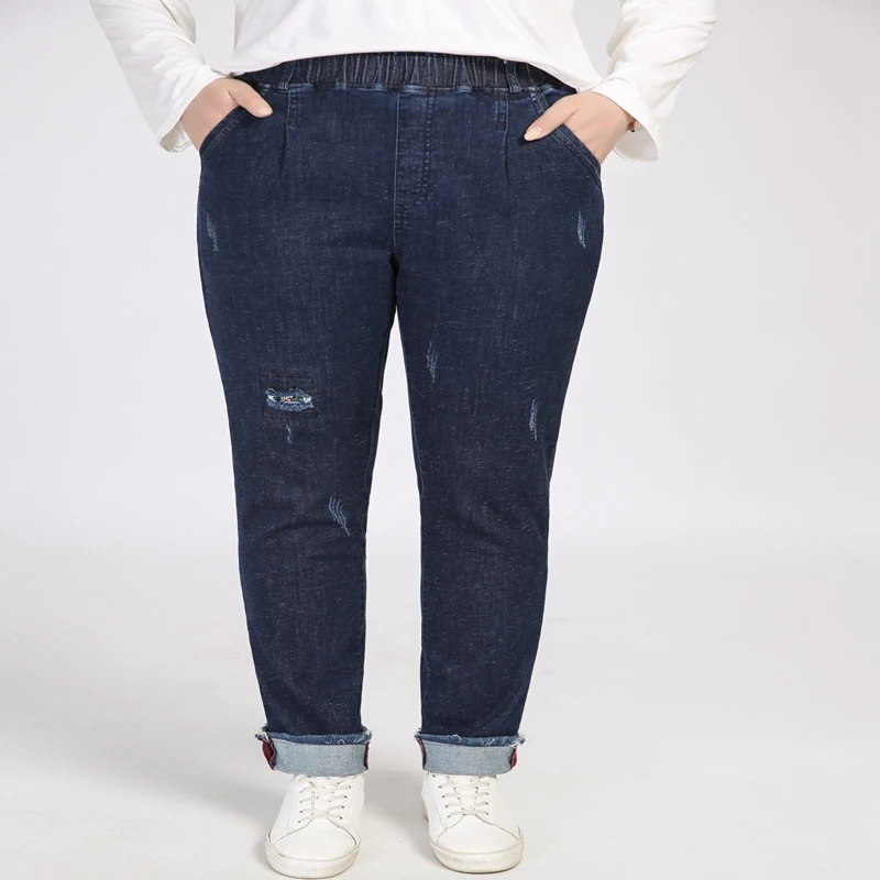 Autumn New Large Size Jeans Elastic Waist 5XL 7XL 8XL 9XL Fashion Ladies Elastic Waist Pocket Pencil Pants