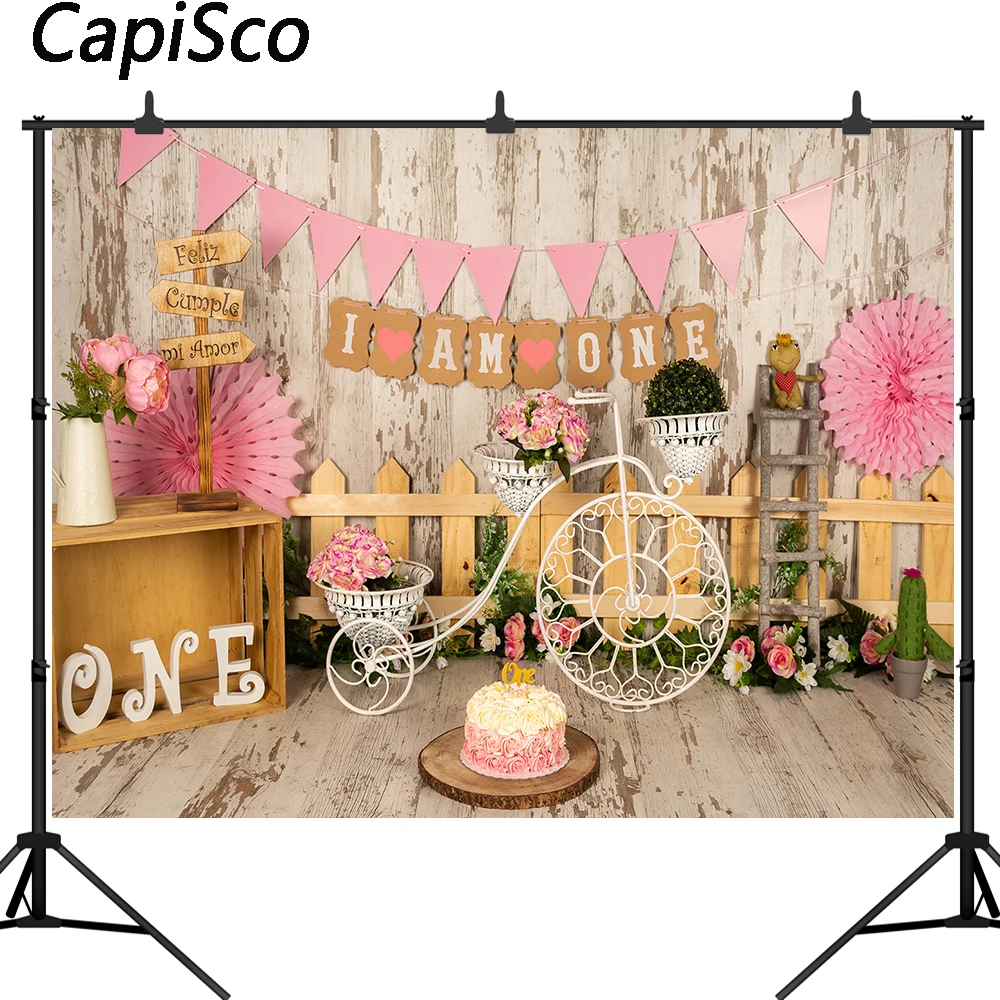 

Capisco 1st Birthday Photography Background Birthday Party Flowers White wood Backdrop Decor Photocall Backdrop Photo Studio