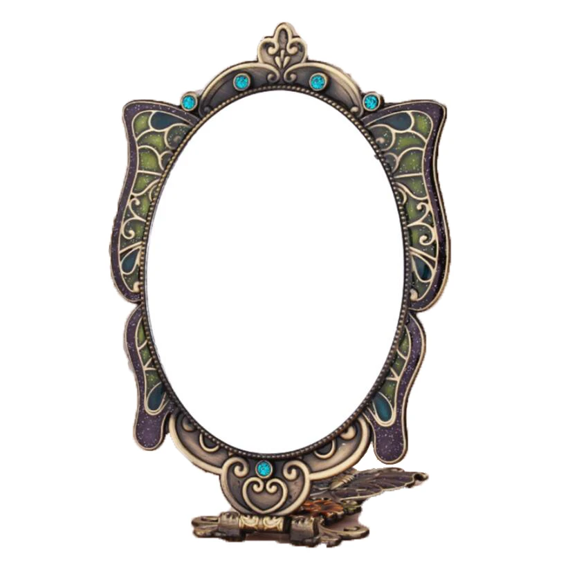 

High quality desktop cosmetic princess lens portable handle can fold and hold a vintage peacock imitation copper mirror