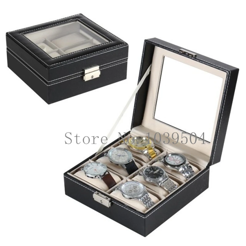 

Square 6 Slots Watches Boxes Case Black PU Leather Watch Organizer Holder New Watch Storage Case Packing Gift Jewellry Boxes