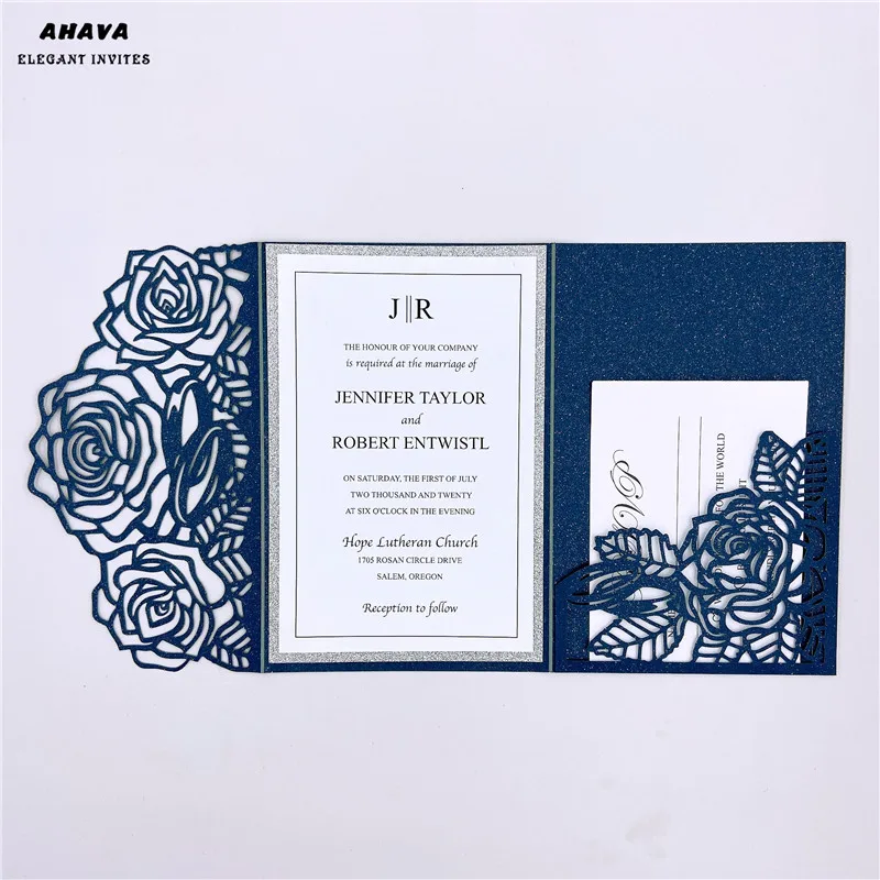 

Dark Navy wedding invitation with rings, tri fold wedding invitation, Quinceanera floral pocket envelope