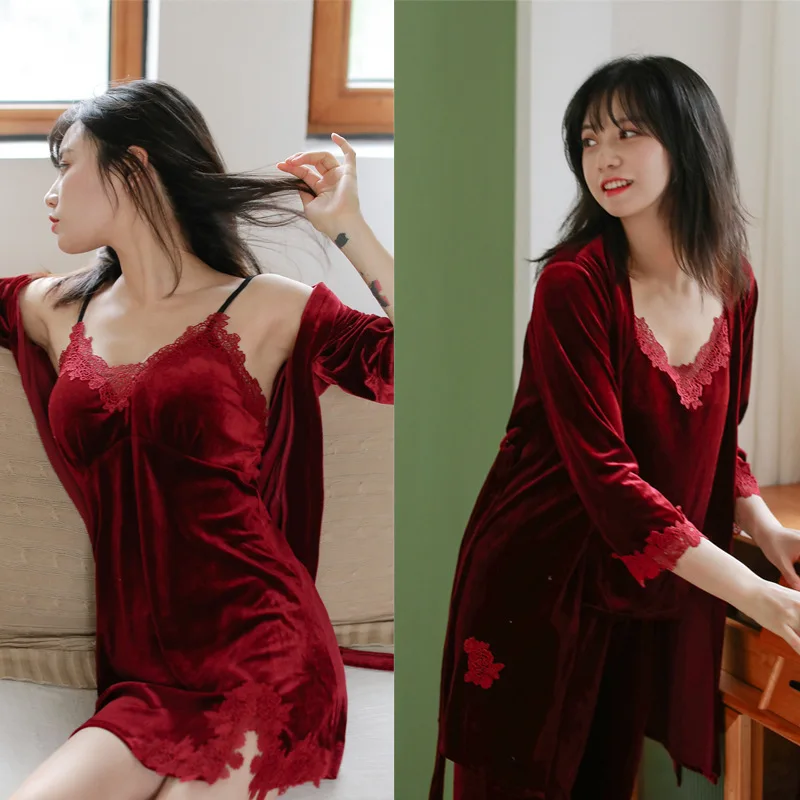 

Pajamas Women Autumn Winter Velvet Four-piece Sexy Nightdress Set Korean Style Ladies Casual Home Conjuntos De Roupão Nightgown