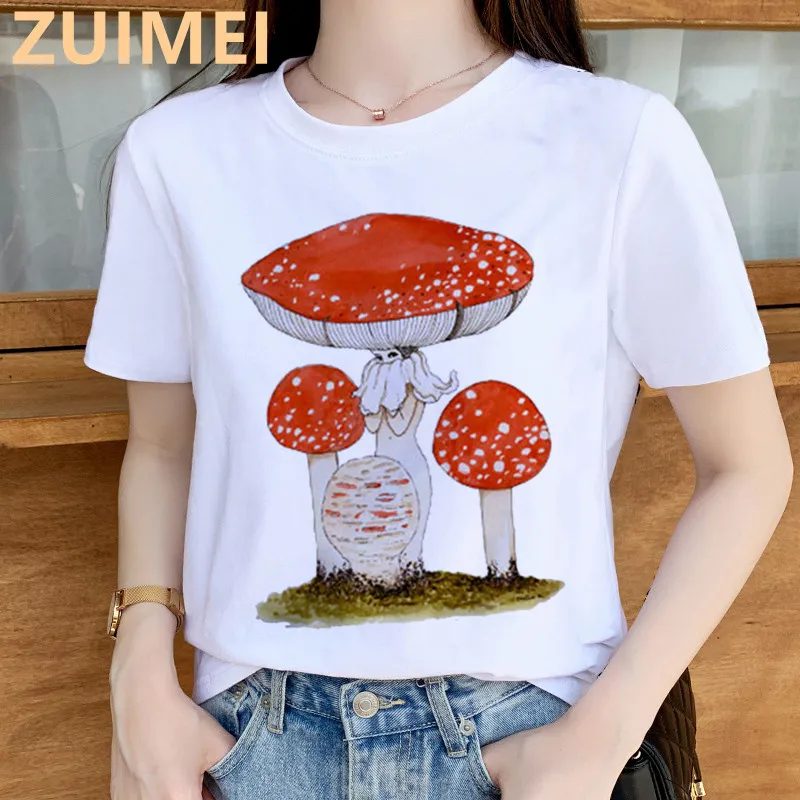 Mushroom Cartoon kawaii Summer New Women Tops Casual ladies basic O-collar Short Sleeved White Women's T-shirts Girl,Drop Ship