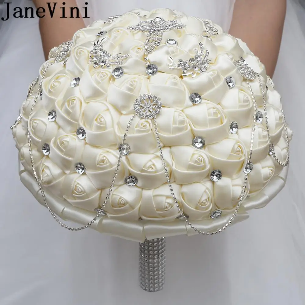 JaneVini – Bouquet de mariée en strass de luxe, 30CM, en ivoire, fait à la main, en cristal, en Satin Rose