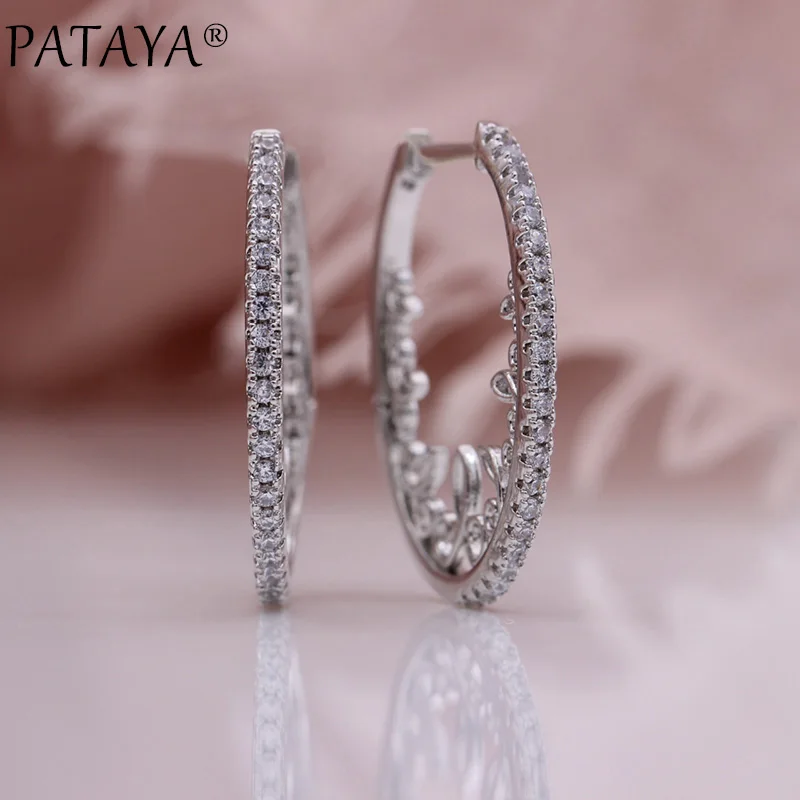 PATAYA New Hollow Lace Circle Drop Earrings 585 Rose Gold Color Women Fine Wedding Earrings White Natural Zircon Fashion Jewelry