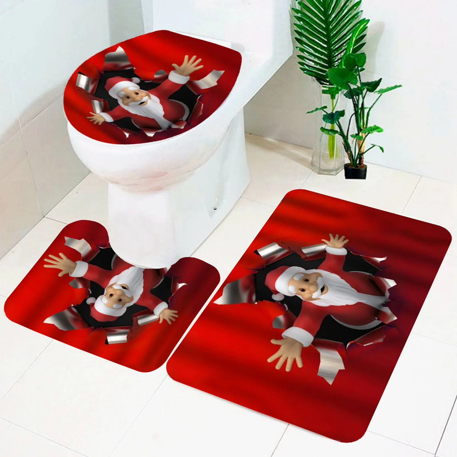 Christmas Bathroom Mat Set Santa Claus Non-slip Carpet Toilet Cover Mat Waterproof Shower Curtain christmas decorations for home