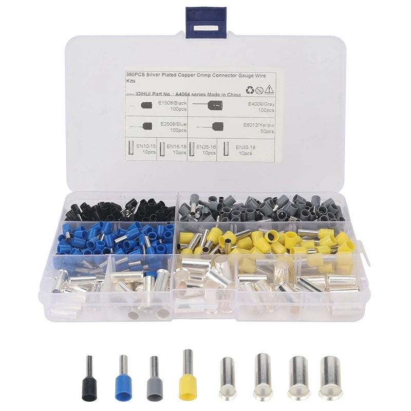 390Pcs AWG (2 4 6 8 10 12 14 16) Wire Ferrules Kits Crimp Terminal Connector Sleeves Crimping Tool