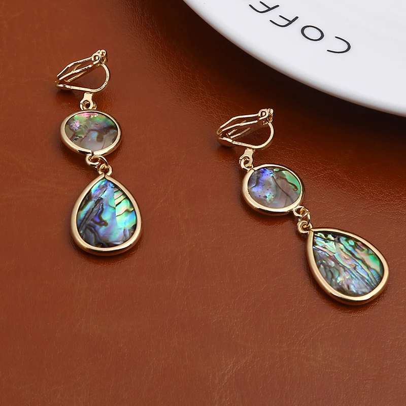 Japan Luxury Natural Abalone Shell Teardrop Pendant Clip on Earrings No Pierced  New Zealand Shell Ear Clips for Women Jewelry