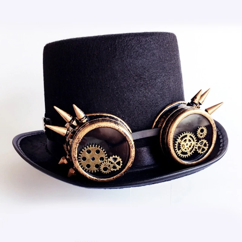 Vintage Black Steampunk Top Hat Gear Glasses Punk Hat Gothic HeadWear Holiday Party Decoration Hat Halloween Accessories