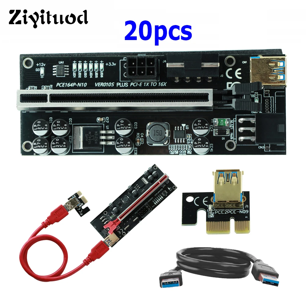 20pcs VER010S-Plus LED PCI-E Riser Card PCI Express 1X to 16X USB3.0 Adapter Cable 6pin Sata Power Extension Ethereum Mining