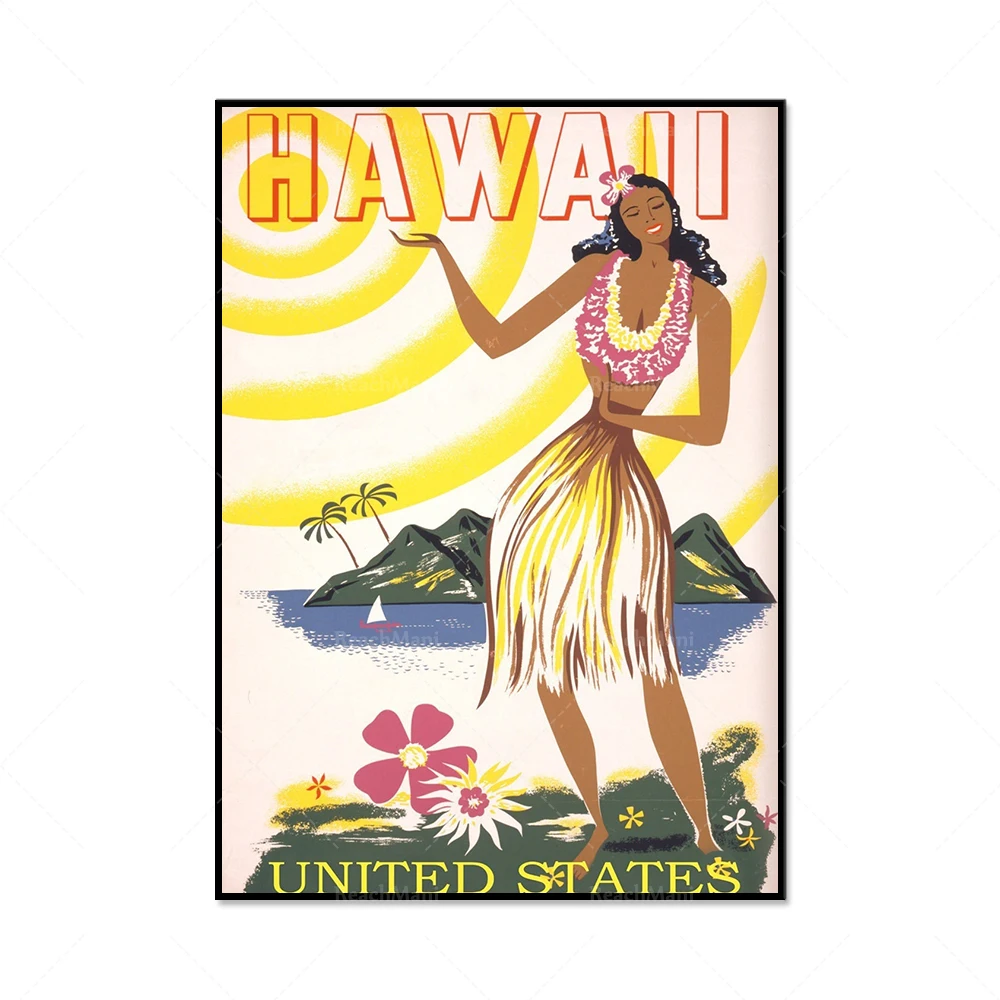 مطبوعات السفر الأمريكية الرجعية لوس أنجلوس، مطبوعات شاطئ هاواي، ملصقات أرضية العطلات الجمالية القديمة، اتجاهات الموضة #3