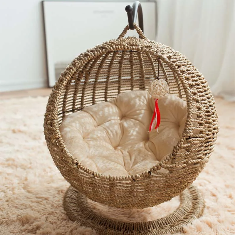 

Rattan Cat Bed Handmade Cat House Round Pet Hammock Warm Cushion Home Creative Woven Pet Bed Nest Cat Supplies Sleeping Mat Cave