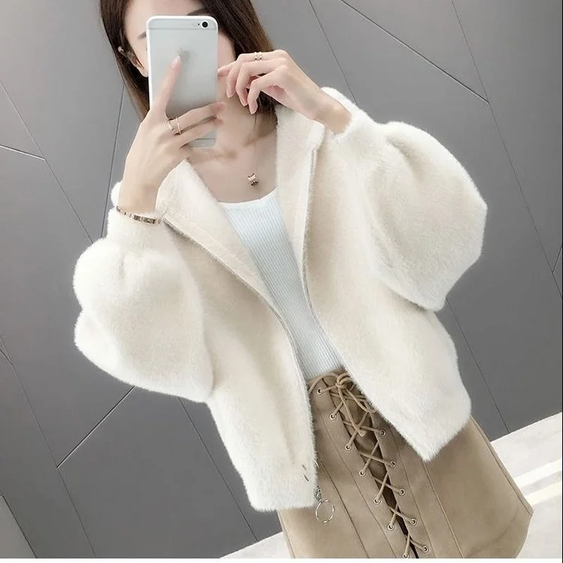 

2023 Women Autumn Winter Mink Cashmere Coat Lady Loose Oversize Short Cardigan Female Casual h Knit Outerwear X300