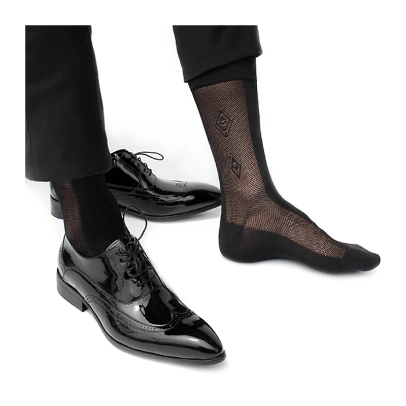 High Quality  Men Formal Silk Socks Black Sheer Jacquard Socks For Male Sexy Foot Socks Retail