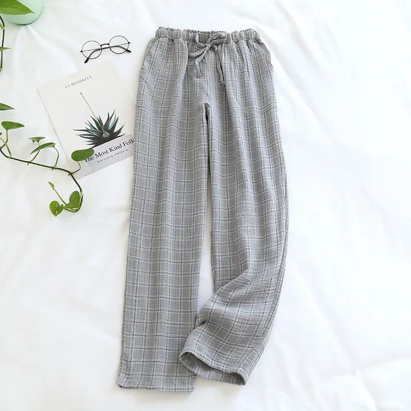 Couple Japanese Sleep Bottoms Plaid Simple Lattice Pajama Pants Women Men 100% Cotton Yarn Home Clothes Elastic Waist Sleepwear